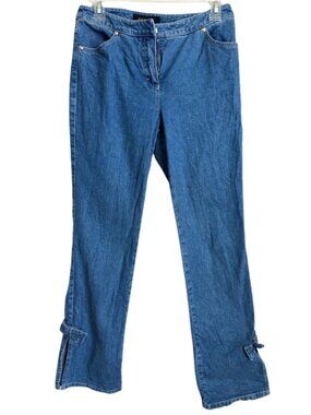 Escada Blue Stretch Jeans 36 US 6 Straight Leg Bow Split Hem Heart Patch Luxury